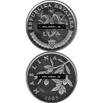 Alte Münze Kroatien Umlaufmünze 1993-2021, 20 Lipa 2003-01 Graustufen Graustufen. Vorderseite und Rückseite in Graustufen der kroatischen vor-Euro-Münze, vertikal... Sammlung