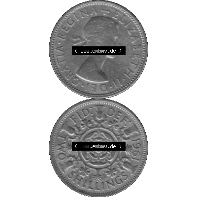 Alte Münze Großbritannien, Bild in s/w bzw. Graustufen PNG-Grafik, Umlaufmünze aus dem Zeitraum 1954-1970, 2 Schilling-Florin, Two Shillings, 1961-04... Sammlung