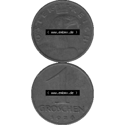 Alte Münze 1 / Ein Groschen Österreich in s/w Schwarzweiß bzw. Graustufen Farbgebung von Scanner transparenten PNG 1925-1938, 1-Ein Groschen, Adlerkopf mit Mauerkrone... Sammlung
