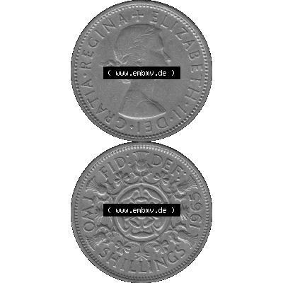 Alte Münze Großbritannien, Bild in s/w bzw. Graustufen PNG-Grafik, Umlaufmünze aus dem Zeitraum 1954-1970, 2 Schilling-Florin, Two Shillings, 1965-01... Sammlung