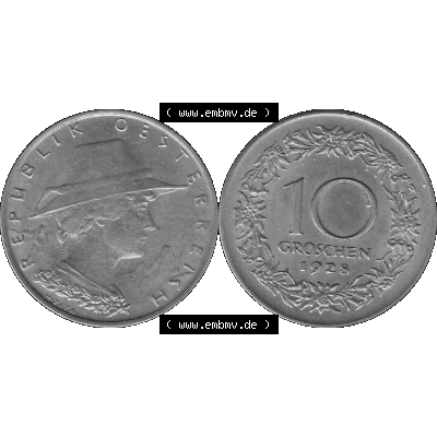 Alte Münze 10 / Zehn Groschen Österreich in s/w Schwarzweiß bzw. Graustufen Farbgebung von Scanner transparenten PNG 1925-1929, 10 Groschen 1928-01, VS Triolerien,... Sammlung