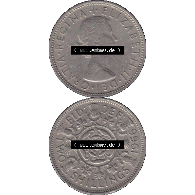 Alte Münze Großbritannien, Bild in Farbe bzw. Color PNG-Grafik, Umlaufmünze aus dem Zeitraum 1954-1970, 2 Schilling-Florin, Two Shillings, 1966-03 ELIZABETH... Sammlung