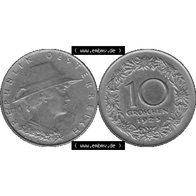 Alte Münze 10 / Zehn Groschen Österreich in s/w Schwarzweiß bzw. Graustufen Farbgebung von Scanner transparenten PNG 1925-1929, 10 Groschen 1925-01, VS Triolerien,... Sammlung