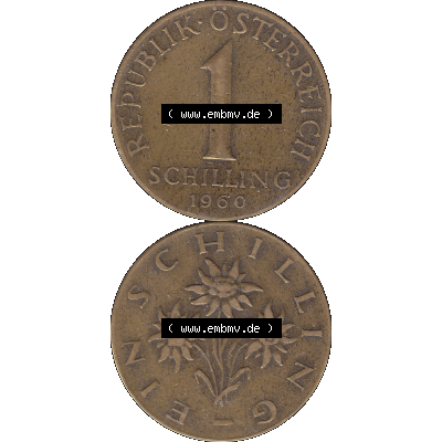Alte Münzen Österreich 1 / Ein Schilling 1959-2001, 1 Schilling 1960-01, Ein Shilling Edelweiß. Vorderseite und Rückseite der Kursmünze 1 / Ein Schilling... Sammlung