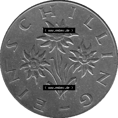 Alte Münzen Österreich 1 / Ein Schilling 1959-2001, 1 Schilling 1963-01, Edelweiß Graustufen. Rückseite mit Motiv der Gedenkmünze in Graustufen der 1 /... Sammlung