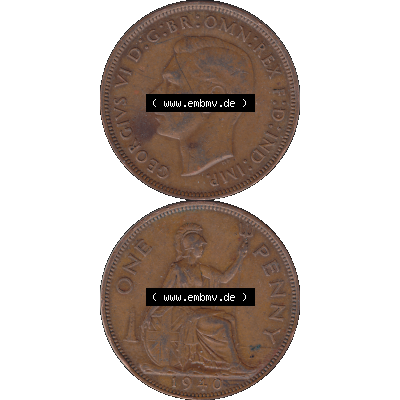 Alte Münzen Großbritannien Umlaufmünze 1937-1948, 1 One Penny 1940-01, George VI, GEORGIVS VI DGBROMNREX FDINDIMP. HP. Vorderseite und Rückseite der... Sammlung