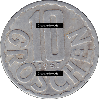 Alte Münze 10 / Zehn Groschen Österreich in original Farbgebung von Scanner transparenten PNG 1951-2001, 10 Groschen 1957-02. Rückseite der alten 10 / Zehn Groschen... Sammlung