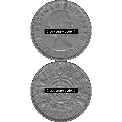 Alte Münze Großbritannien, Bild in s/w bzw. Graustufen PNG-Grafik, Umlaufmünze aus dem Zeitraum 1954-1970, 2 Schilling-Florin, Two Shillings, 1955-01... Sammlung