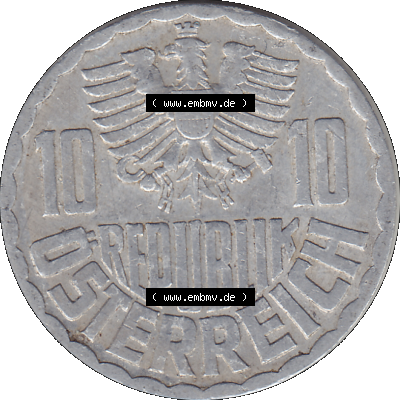 Alte Münze 10 / Zehn Groschen Österreich in original Farbgebung von Scanner transparenten PNG 1951-2001, 10 Groschen 1957-02. Vorderseite der alten österreichischen 10 /... Sammlung