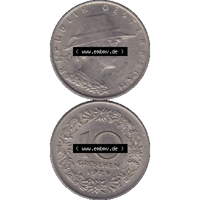 Alte Münze 10 / Zehn Groschen Österreich in original Farbgebung von Scanner transparenten PNG 1925-1929, 10 Groschen 1928-01, VS Triolerien, RS Wert mit Kranz. Vorderseite... Sammlung