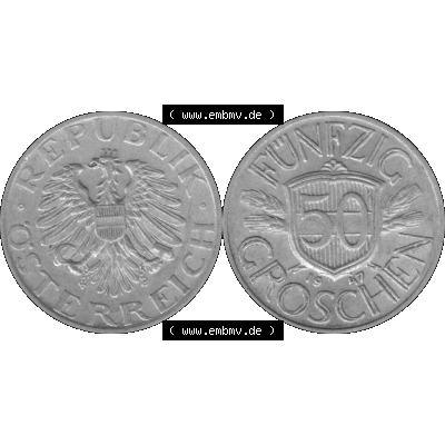 Alte Münze aus Österreich als PNG-Grafik 1946-1955, 50 Groschen 1947-01 Graustufen. Vorderseite und Rückseite der 50 Groschen Münze vertikal auf einen digitalen Graustufen... Sammlung