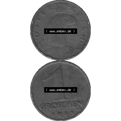 Alte Münze 1 / Ein Groschen Österreich in s/w Schwarzweiß bzw. Graustufen Farbgebung von Scanner transparenten PNG 1925-1938, 1-Ein Groschen, Adlerkopf mit Mauerkrone... Sammlung