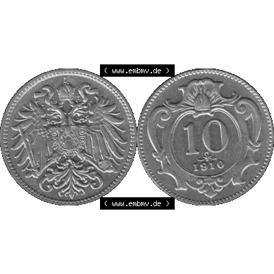 Alte Münze aus Kaiserreich Österreich als PNG-Grafik 1892-1911, 10 Heller 1910-01 Graustufen. Vorderseite und Rückseite der Kaiserreich 10 Heller-Münze vertikal auf einen... Sammlung