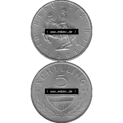 Alte Münze 5 / Fünf Schilling Österreich in s/w Schwarzweiß bzw. Graustufen Farbgebung von Scanner transparenten PNG 1968-2001, 5 Schilling 1969-01, Reiter... Sammlung