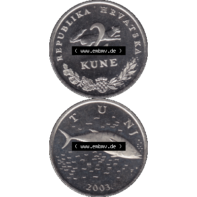 Alte Münze Kroatien Umlaufmünze 1993-2021, 2 Kune 2003-01. Vorderseite und Rückseite der Umlaufmünze / Kursmünze / Münze aus dem Zeitraum 1993-2022 Kroatien,... Sammlung