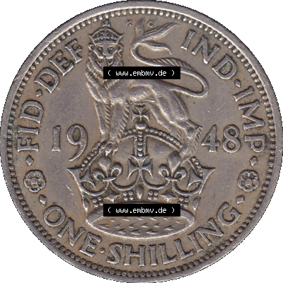Alte Münze Großbritannien, Bild in Farbe bzw. Color PNG-Grafik 1947-1948, 1 One Schilling - One Shilling, 1948-07 Stehender gekrönter Löwe auf Krone.... Sammlung