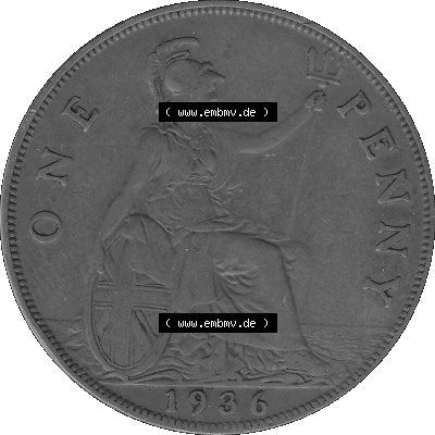 Alte Münze Großbritannien Umlaufmünze One Penny, 1 Pence 1928-1936, 1 One Penny, 1936-01, George V. BM GEORGIVS V DEI GRABRITTOMNREX FIDDEFINDIMP Graustufen.... Sammlung