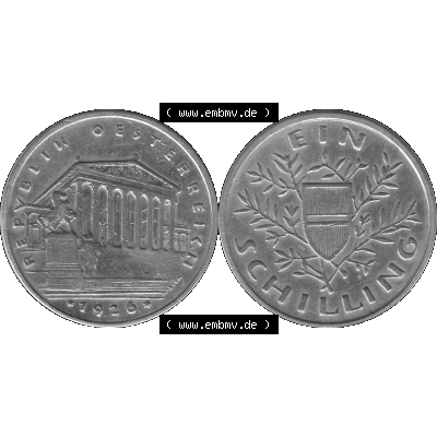 Alte Münzen Österreich Ein - 1 Schilling 1925-1932, 1 Schilling 1926-01 Silbermünze Parlamentsgebäude in Wien, Bindenschild 6 Gramm 640er Silber Graustufen. Vorderseite... Sammlung
