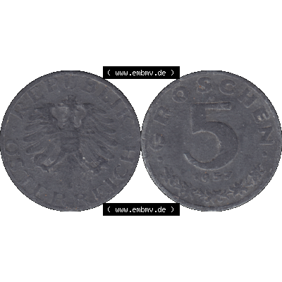 Alte Münzen Österreich 5 / Fünf Groschen in Farbe/Color 1948-1994, 5 Groschen 1957-01. Vorderseite und Rückseite der 5 / Fünf Groschen Münze aus dem... Sammlung