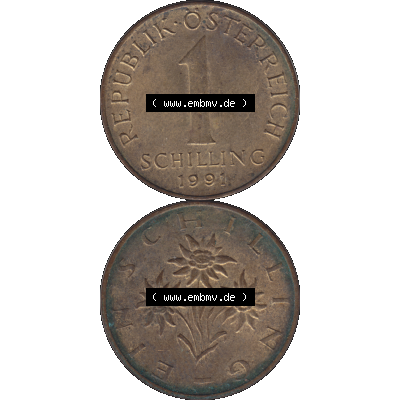 Alte Münzen Österreich 1 / Ein Schilling 1959-2001, 1 Schilling 1991-02. Vorderseite und Rückseite der 1 / Ein Schilling Münze vertikal auf einen digitalen Bild... Sammlung