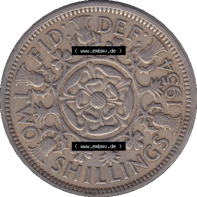 Alte Münze Großbritannien, Bild in Farbe bzw. Color PNG-Grafik, Umlaufmünze aus dem Zeitraum 1954-1970, 2 Schilling-Florin, Two Shillings, 1954-01 ELIZABETH... Sammlung