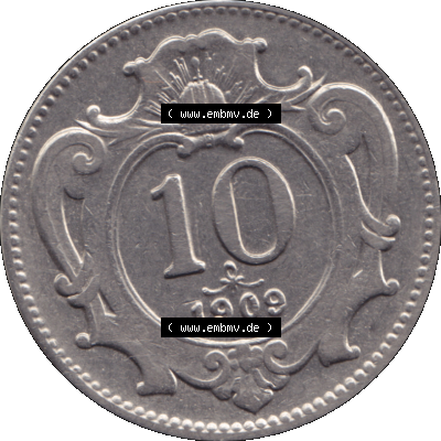 Alte Münze aus Kaiserreich Österreich als PNG-Grafik 1892-1911, 10 Heller 1909-01. Rückseite der alten 10 Heller Umlaufmünze aus Österreichischen Kaiserreich,... Sammlung