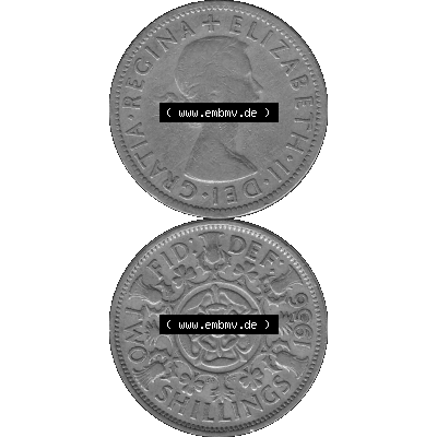 Alte Münze Großbritannien, Bild in s/w bzw. Graustufen PNG-Grafik, Umlaufmünze aus dem Zeitraum 1954-1970, 2 Schilling-Florin, Two Shillings, 1956-01... Sammlung
