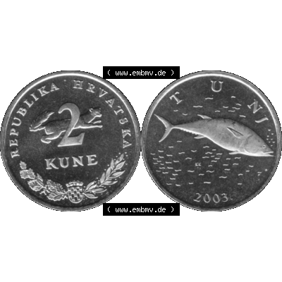 Alte Münze Kroatien Umlaufmünze 1993-2021, 2 Kune 2003-01 Graustufen Graustufen. Vorderseite und Rückseite der kroatischen Münze / Kursmünze, vertikal auf... Sammlung