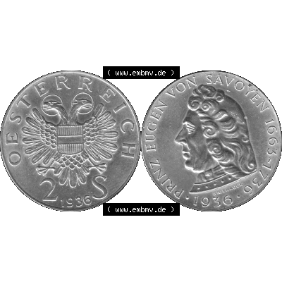 Alte Münze Österreich 1936-1936, 2 Schilling 1936-01 Silbermünze Prinz von Savoyen 1663-1736, 12 Gramm 640er Silber Graustufen. Vorderseite und Rückseite der Österreich... Sammlung