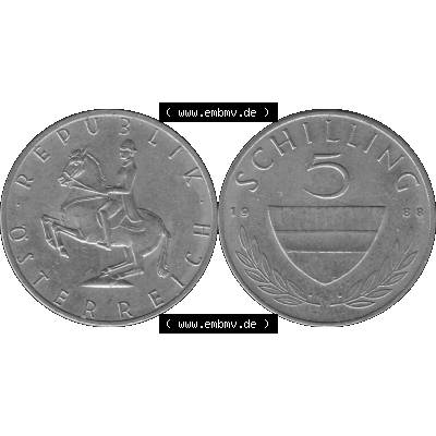 Alte Münze 5 / Fünf Schilling Österreich in s/w Schwarzweiß bzw. Graustufen Farbgebung von Scanner transparenten PNG 1968-2001, 5 Schilling 1988-01, Reiter... Sammlung