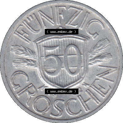Alte Münze aus Österreich als PNG-Grafik 1946-1955, 50 Groschen 1952-01. Rückseite der alten 50 Groschen Umlaufmünze aus Österreich, Münze wurde vor dem... Sammlung