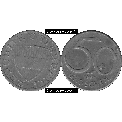 Alte Münze 50 / Fünfzig Groschen Österreich in s/w Schwarzweiß bzw. Graustufen Farbgebung von Scanner transparenten PNG 1959-2001, 50 Groschen 1961-01, Bindenschild... Sammlung