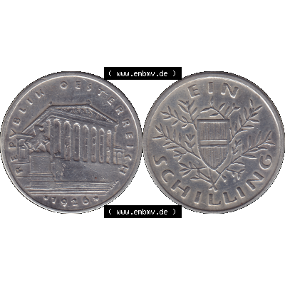 Alte Münzen Österreich Ein - 1 Schilling 1925-1932, 1 Schilling 1926-01 Silbermünze Parlamentsgebäude in Wien, Bindenschild 6 Gramm 640er Silber. Vorderseite und... Sammlung