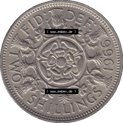 Alte Münze Großbritannien, Bild in Farbe bzw. Color PNG-Grafik, Umlaufmünze aus dem Zeitraum 1954-1970, 2 Schilling-Florin, Two Shillings, 1966-01 ELIZABETH... Sammlung