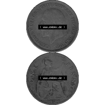 Alte Münze Großbritannien Umlaufmünze One Penny, 1 Pence 1928-1936, 1 One Penny, 1936-02 , George V. BM GEORGIVS V DEI GRABRITTOMNREX FIDDEFINDIMP Graustufen.... Sammlung