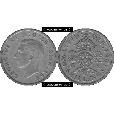 Alte Münze Großbritannien, Bild in s/w bzw. Graustufen PNG-Grafik, Umlaufmünze aus dem Zeitraum 1949-1951, 2 Schilling-Florin, Two Shillings, 1951-03,... Sammlung