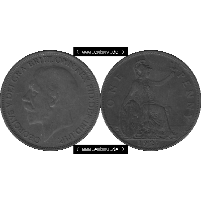Alte Münze Großbritannien Umlaufmünze One Penny, 1 Pence 1927-1927, 1 One Penny, 1927-01, George V, BM GEORGIVS V DEI GRABRITTOMNREX FIDDEFINDIMP Graustufen.... Sammlung