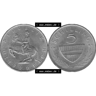 Alte Münze 5 / Fünf Schilling Österreich in s/w Schwarzweiß bzw. Graustufen Farbgebung von Scanner transparenten PNG 1968-2001, 5 Schilling 1980-02, Reiter... Sammlung