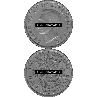 Alte Münze Großbritannien, Bild in s/w bzw. Graustufen PNG-Grafik 1947-1948, Halbe - 1/2 Krone, Half Crown 1948-02 , George VI, FID DEF IND IMP HALF... Sammlung