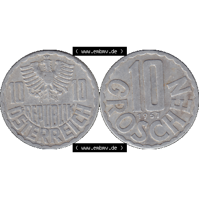 Alte Münze 10 / Zehn Groschen Österreich in original Farbgebung von Scanner transparenten PNG 1951-2001, 10 Groschen 1957-02. Vorderseite und Rückseite der 10 / Zehn... Sammlung