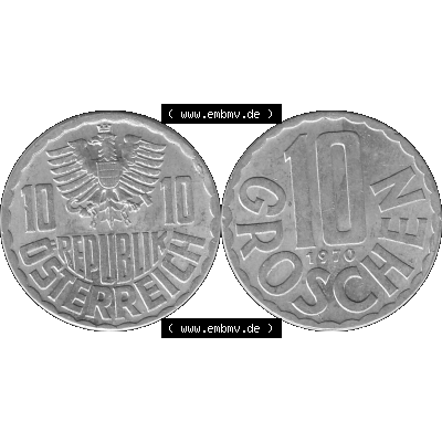 Alte Münze 10 / Zehn Groschen Österreich in s/w Schwarzweiß bzw. Graustufen Farbgebung von Scanner transparenten PNG 1951-2001, 10 Groschen 1970-01 Graustufen.... Sammlung