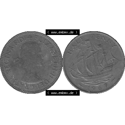 Alte Münze Großbritannien Umlaufmünze Half Penny, 1/2 Pence 1954-1970, Half Penny, Halber Pence 1967-01, Elisabeth II. - Schriftzug ELIZABETH II DEI GRATIA... Sammlung
