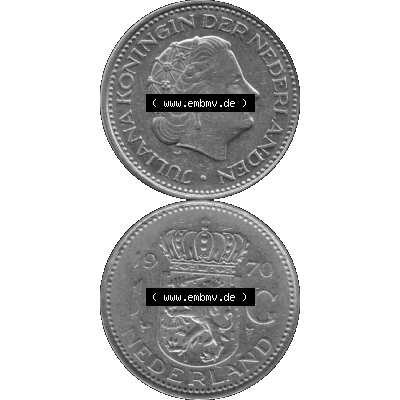 Alte Münze Niederlande in Grau 1967-1980, 1 Gulden Königin Juliana 1970-01. Graustufen. Vorderseite und Rückseite vertikal auf einen digitalen Bild in grau / Graustufen... Sammlung