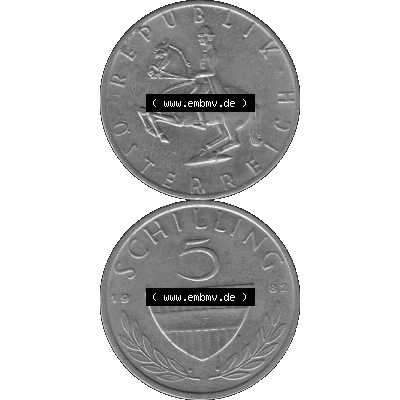Alte Münze 5 / Fünf Schilling Österreich in s/w Schwarzweiß bzw. Graustufen Farbgebung von Scanner transparenten PNG 1968-2001, 5 Schilling 1982-01, Reiter... Sammlung