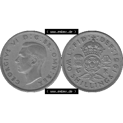 Alte Münze Großbritannien, Bild in s/w bzw. Graustufen PNG-Grafik, Umlaufmünze aus dem Zeitraum 1949-1951, 2 Schilling-Florin, Two Shillings, 1951-01,... Sammlung