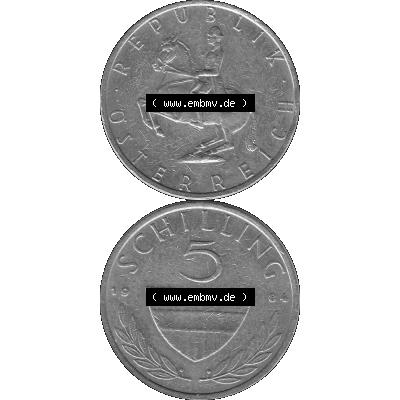 Alte Münze 5 / Fünf Schilling Österreich in s/w Schwarzweiß bzw. Graustufen Farbgebung von Scanner transparenten PNG 1968-2001, 5 Schilling 1984-02, Reiter... Sammlung