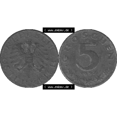 Alte Münzen Österreich 5 / Fünf Groschen in s/w / grau / Graustufen 1948-1994, 5 Groschen 1957-01 Graustufen. Vorderseite und Rückseite der Österreich... Sammlung