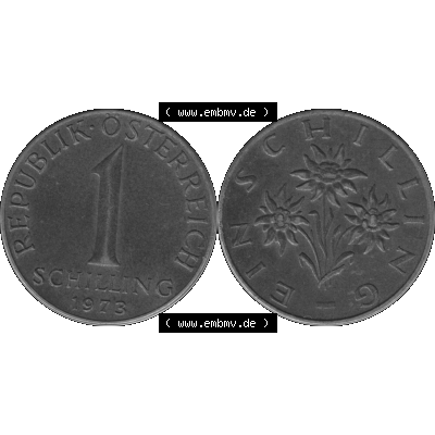 Alte Münzen Österreich 1 / Ein Schilling in Graustufen 1959-2001, 1 Schilling 1973-01 Graustufen. Vorderseite und Rückseite der Österreich Zweite Republik 1 / Ein... Sammlung