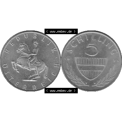 Alte Münze 5 / Fünf Schilling Österreich in s/w Schwarzweiß bzw. Graustufen Farbgebung von Scanner transparenten PNG 1968-2001, 5 Schilling 1974-01, Reiter... Sammlung