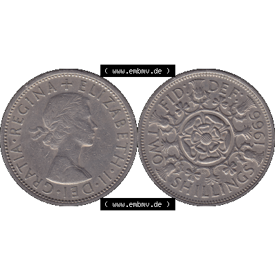 Alte Münze Großbritannien, Bild in Farbe bzw. Color PNG-Grafik, Umlaufmünze aus dem Zeitraum 1954-1970, 2 Schilling-Florin, Two Shillings, 1966-04 ELIZABETH... Sammlung